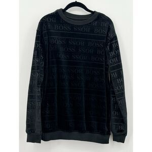HUGO BOSS Mens Black Velour Allover Logo Medium Crewneck Long Sleeve Sweatshirt